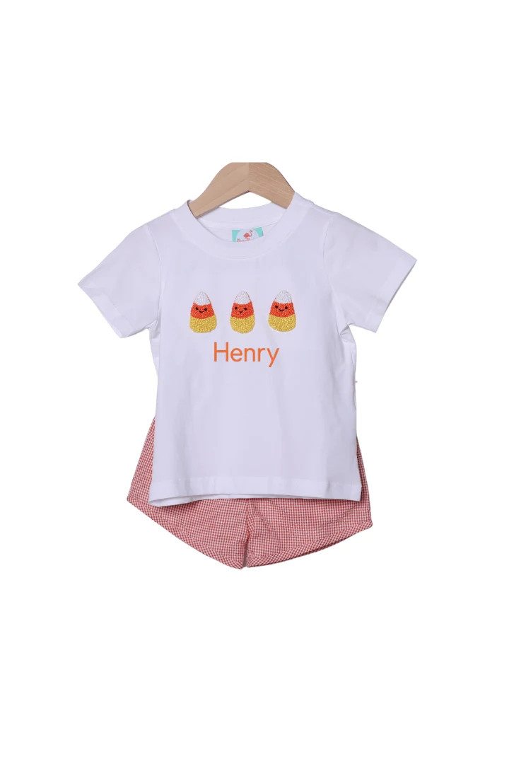 French Knot Candy Corn Orange Gingham Short Set | The Smocked Flamingo