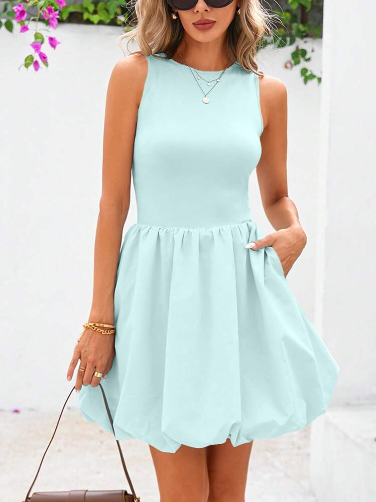 Women's Summer Dress Casual Sleeveless Vest Cute Mini Skirt Round Neck Bubble Skirt Pocket | SHEIN