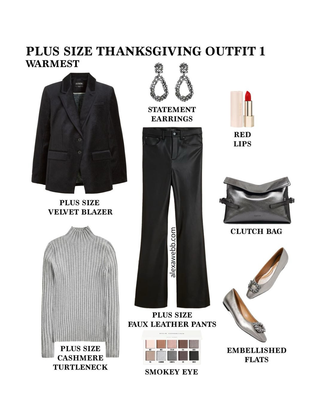 2025 Plus Size Thanksgiving Outfits - Four plus size outfit ideas for Thanksgiving and the holidays for different climates. All with either faux leather pants, faux leather skirt, or satin slip skirt, embellished flats, and a metallic clutch. Alexa Webb #plussize

#LTKMidsize #LTKPlusSize #LTKHoliday