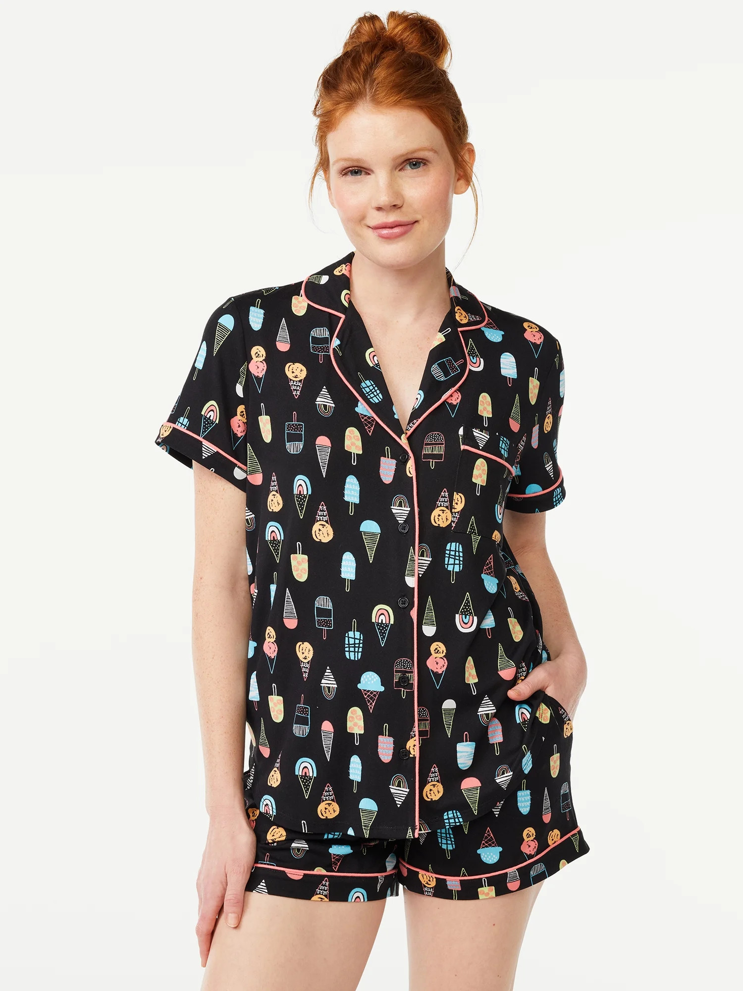 Joyspun Women's Knit Notch Collar Top and Shorts Pajama Set, 2-Piece, Sizes S to 3X | Walmart (US)