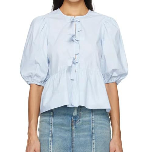 Tie Front Tops for Women Babydoll Tops Cheetah Print Top Tie Front Blouse Puff Sleeve Tie Top (BabyBlue,M,Medium) | Amazon (US)