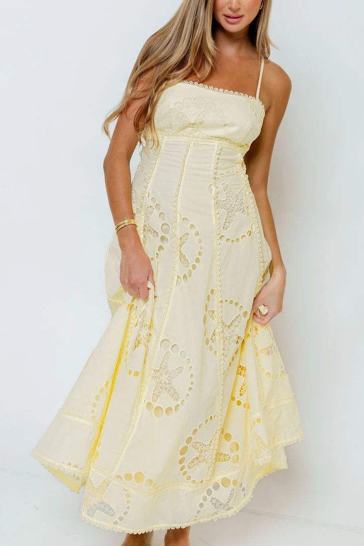 Janelle Nautical Eyelet Open Back Midi Dress in Yellow | Worth Collective