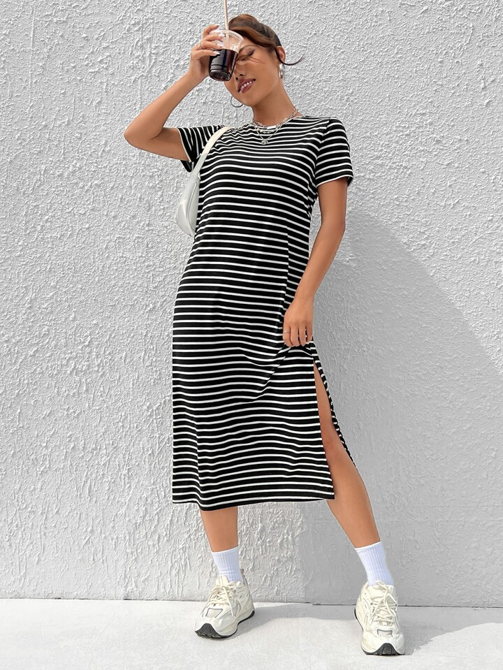 SHEIN EZwear Striped Split Thigh Tee Dress | SHEIN