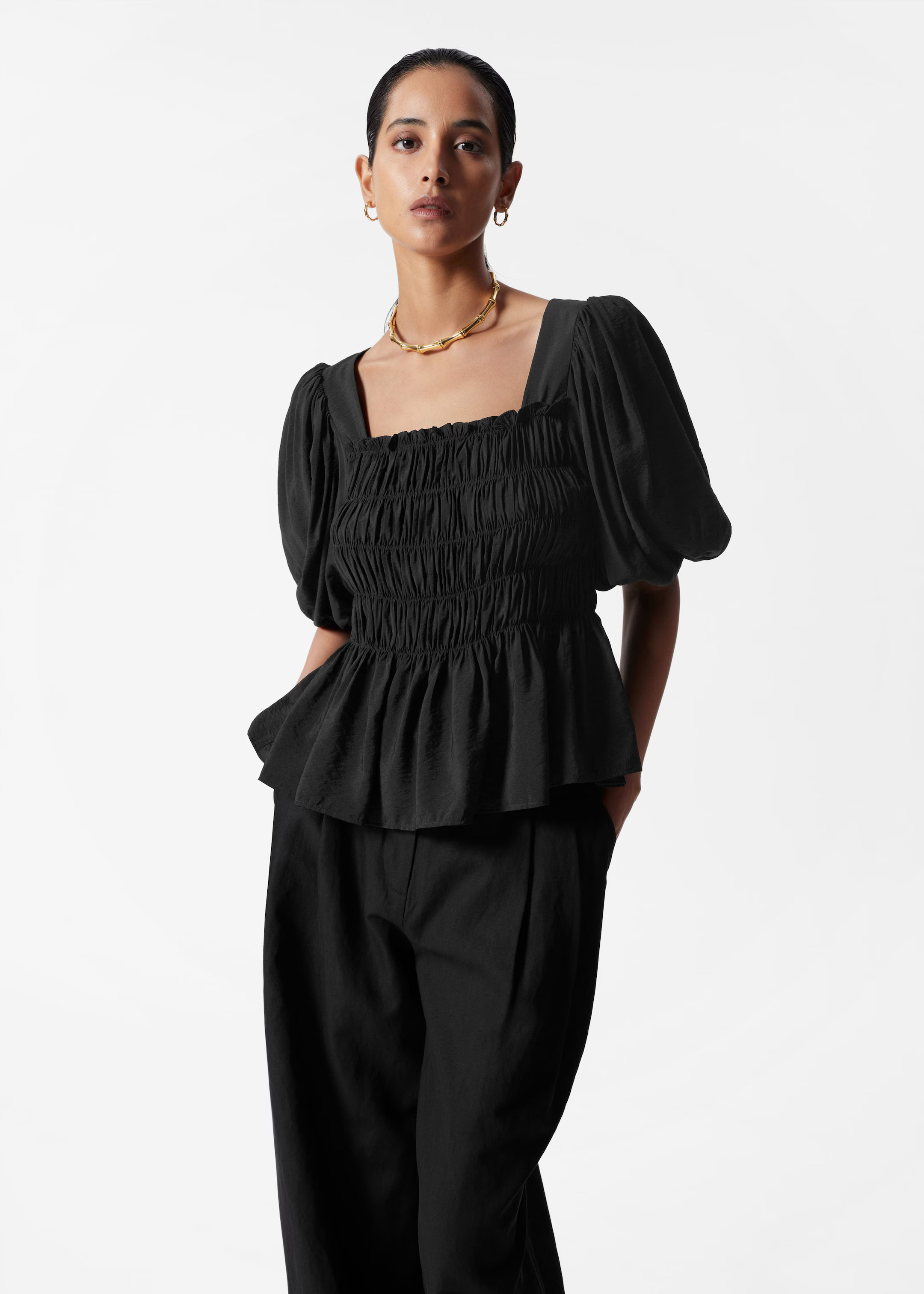 Smocked Puff-Sleeve Blouse - Black - & Other Stories GB | & Other Stories UK