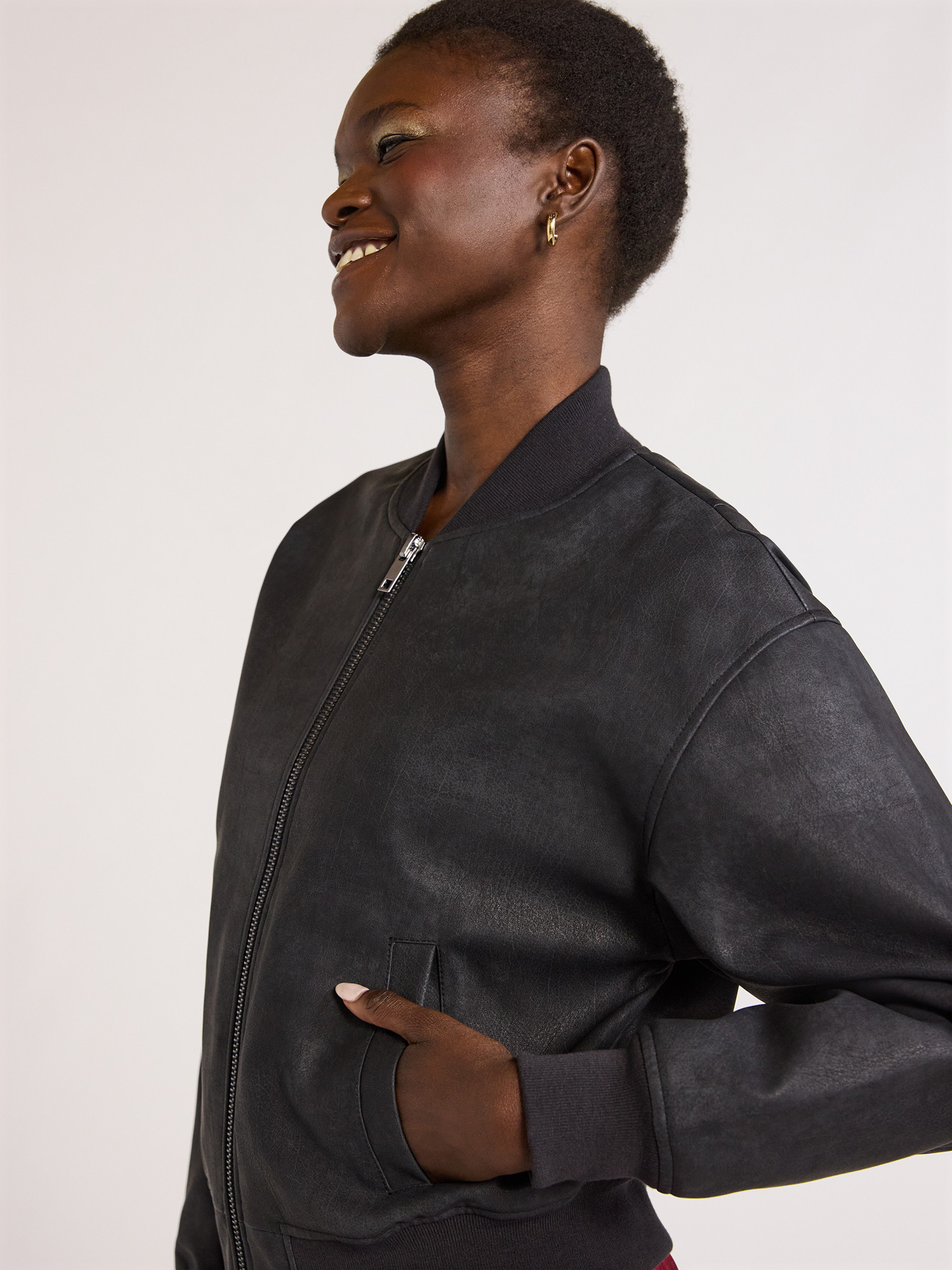 Scoop Women’s Distressed Faux Leather Cropped Bomber Jacket, Sizes XS-XXL | Walmart (US)