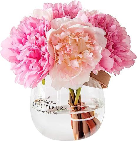Billibobbi ,Artificial Flowers with Vase, Fake Silk Peony Flowers in Glass Vase, for Home Wedding... | Amazon (US)