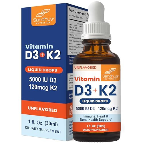Sandhu's Vitamin d Drops for Adults | 5000 IU D3 Liquid, 120mcg K2 Supplement | D3K2 Supports Immune, Heart & Bone Health | Vitamin D3 K2 Drops for Faster Absorption | 1 Fl Oz | Amazon (US)