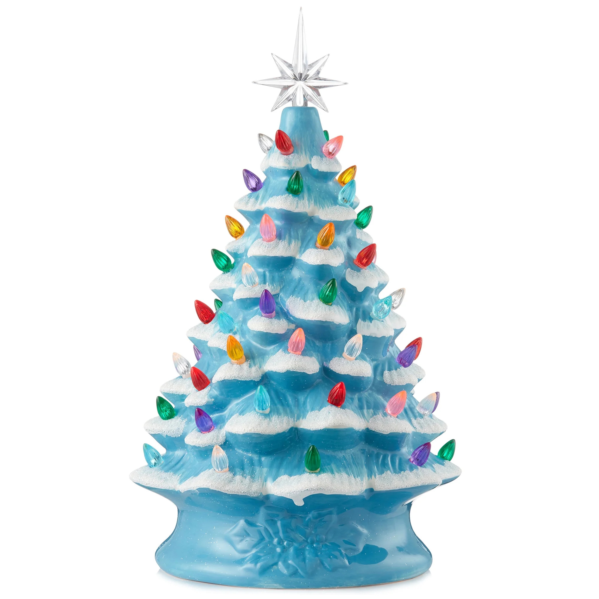 15" Hand Painted Ceramic Christmas Tree, Blue Snow Flocked Pre-Lit Tree, 128 Multi-Color Lights, ... | Walmart (US)