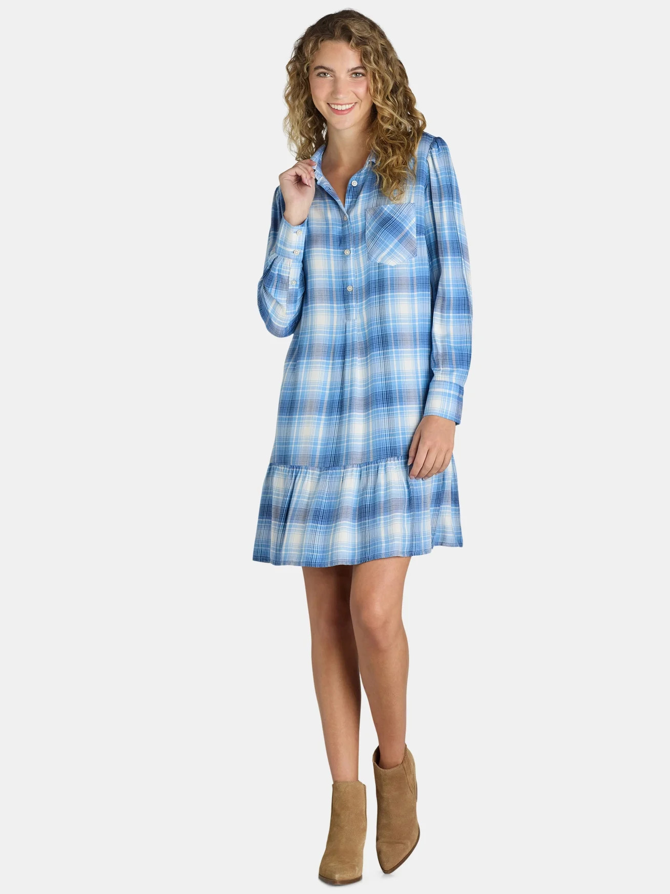 Time and Tru Women's and Women's Plus Ruffle Hem Mini Shirt Dress with Long Sleeves, Sizes XS-4X ... | Walmart (US)