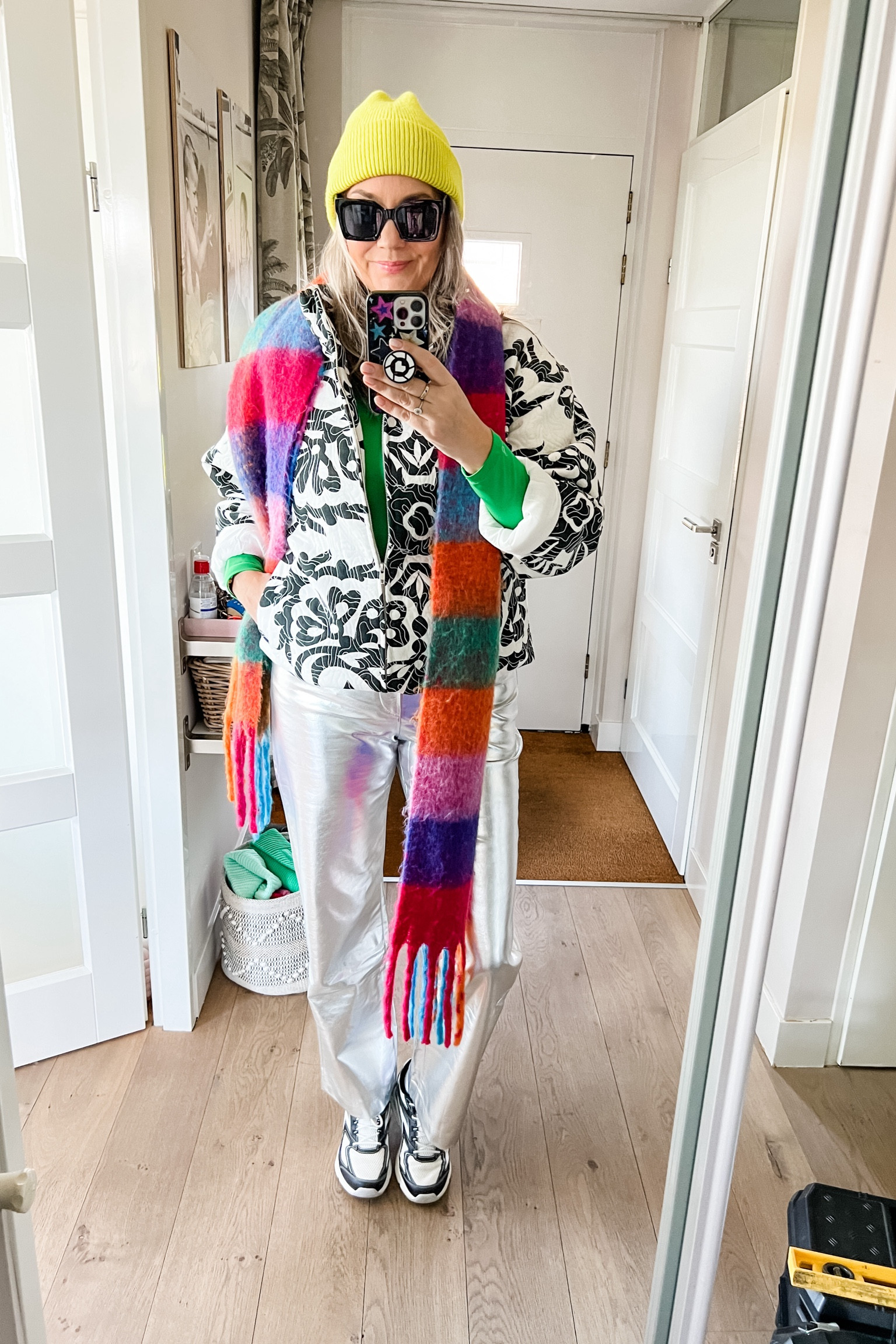Ootd - Saturday. Silver pants (42), green turtleneck (Hema), black and white in between jacket (Zara), lime green hat, sunglasses, chunky Skechers sneakers, bright plaid scarf. 



#LTKeurope #LTKover40 #LTKstyletip