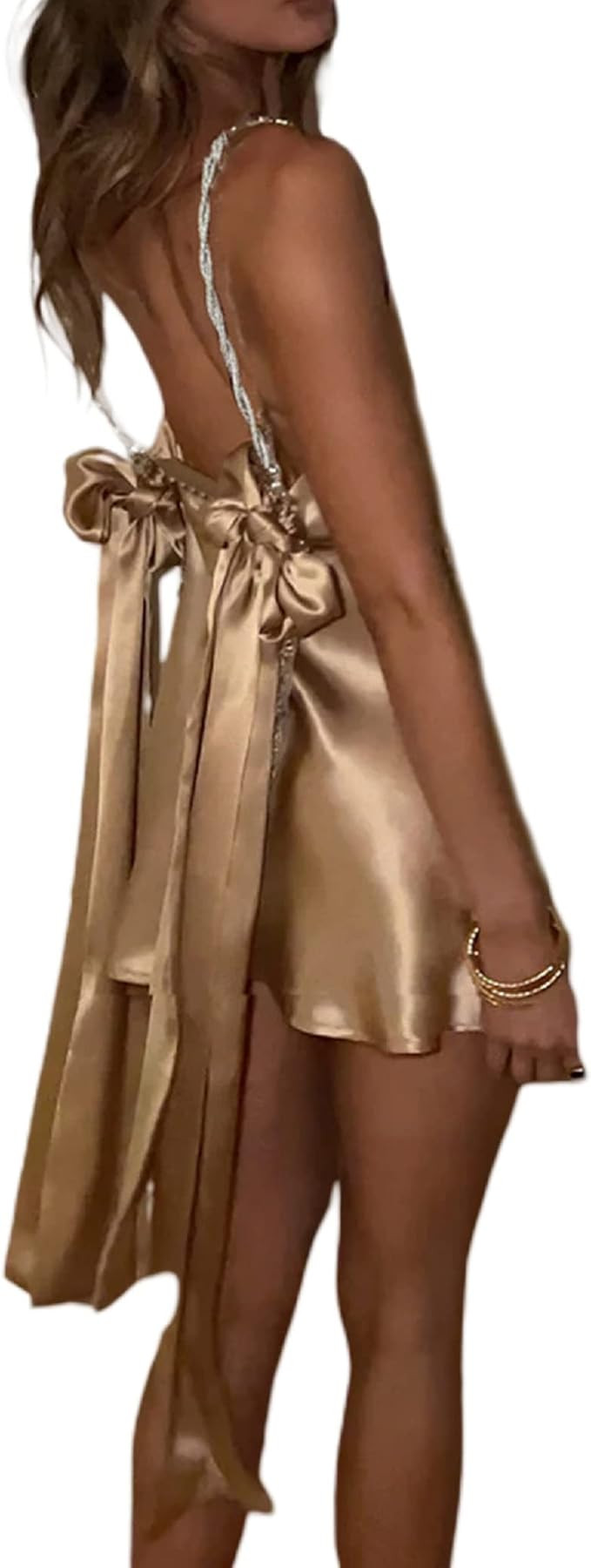 Sexy Mini Satin Dress Women Spaghetti Strap Silky Short Dresses Lace Up Backless Aline Bodycon Ca... | Amazon (US)