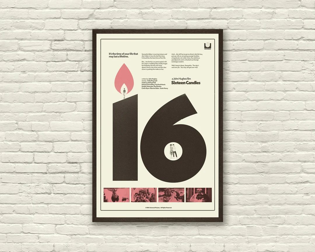 SIXTEEN CANDLES, John Hughes Inspired Poster, Art Print Pink, Black White, Molly Ringwald - Etsy | Etsy (US)
