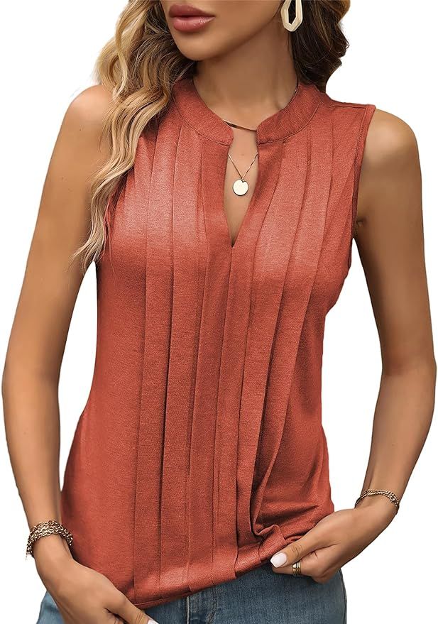 EVALESS Sleeveless Shirts for Womens Fashion 2024 Basic Tank Tops Pleated Drape Dressy Tops Summe... | Amazon (US)