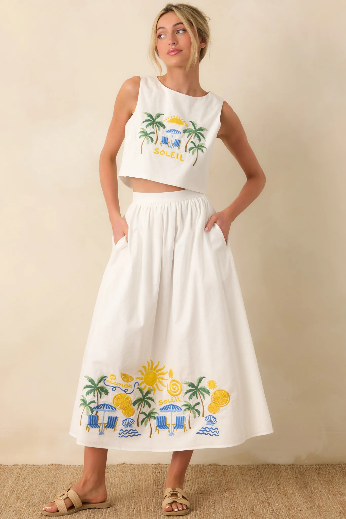 Paradisa Aruba White Multi Embroidered Cotton Blend Crop Top | Red Dress