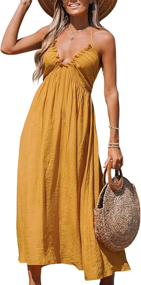 CUPSHE Women's Backless Paisley Floral Beach Dress Halter Neck Ruffle Plunging V Spaghetti Straps... | Amazon (US)