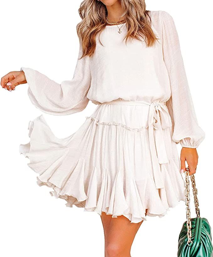 R.Vivimos Women's Fall Cotton Long Sleeves Casual Ruffle Hem Swing Mini Dress with Belt | Amazon (US)