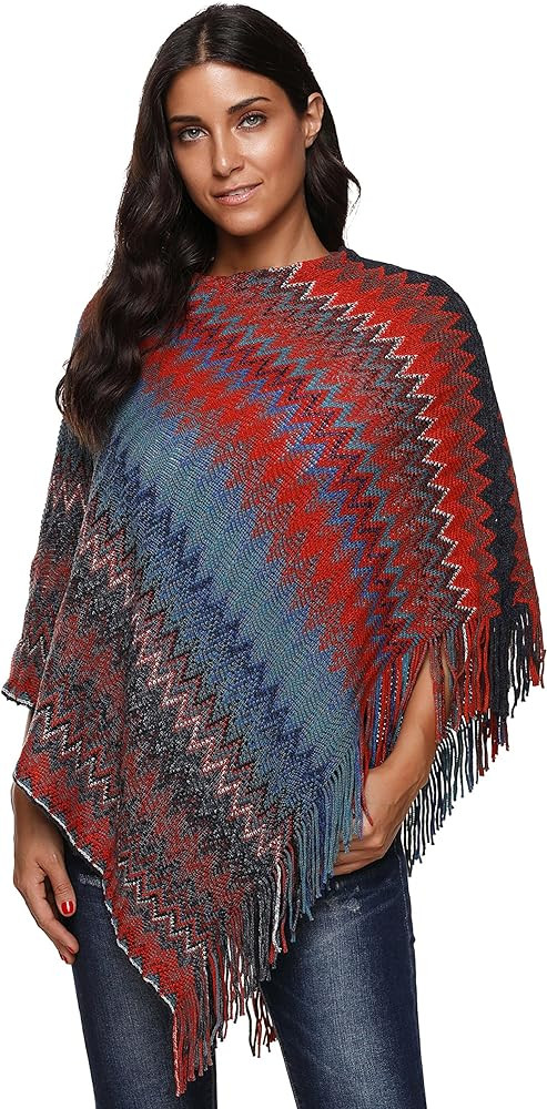 SherryDC Women's Zig-Zag Knit Tassel Fringed Pullover Poncho Sweater Cape Shawl Wrap | Amazon (US)