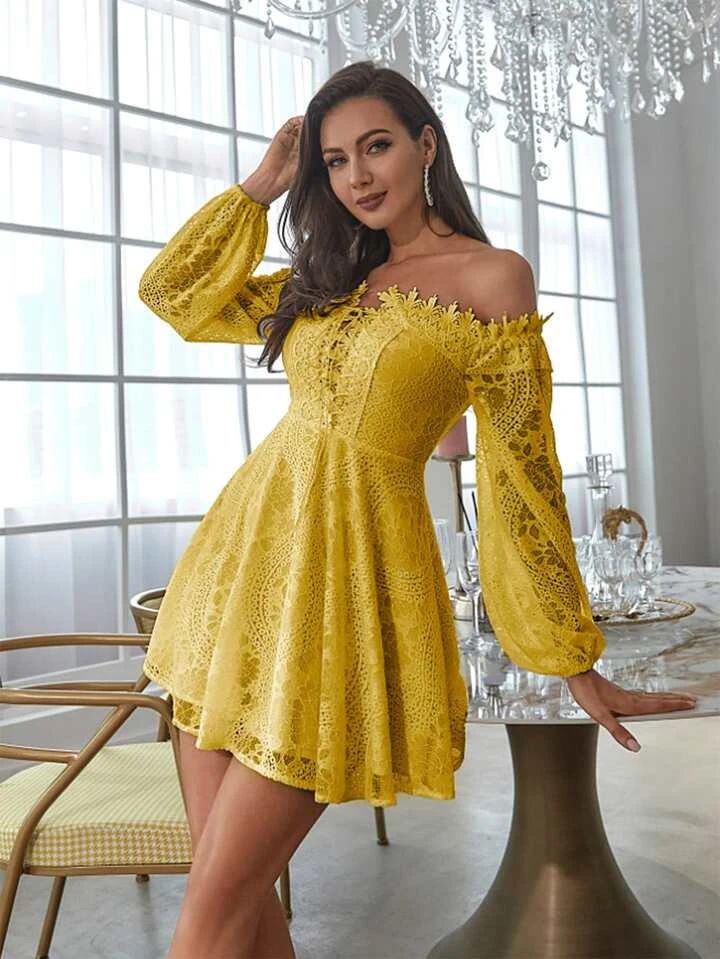 Double Crazy Off Shoulder Lace Up Front Lantern Sleeve Lace Dress | SHEIN