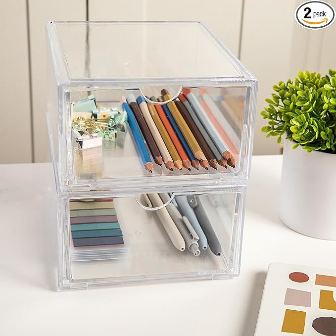 Martha Stewart Brody Desk Organizer with Drawer, Stackable Plastic Desk Storage Box, Organizer fo... | Amazon (US)