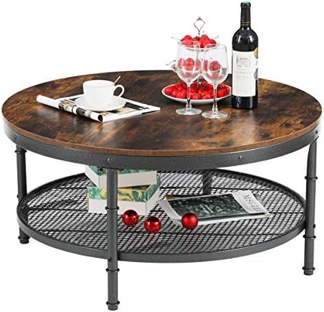 Amazon.com: GreenForest Coffee Table Round 35.8 inch Industrial 2-Tier Sofa Table with Storage Open  | Amazon (US)