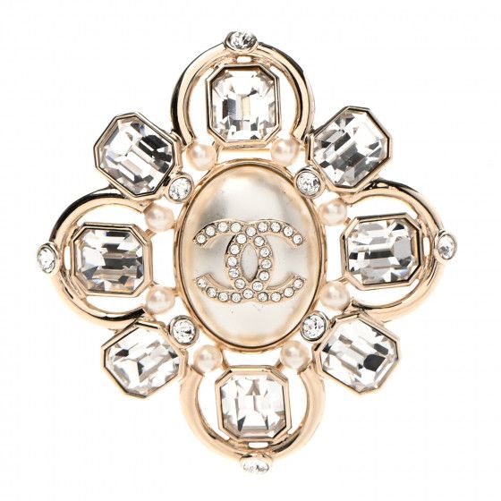 CHANEL Pearl Crystal CC Brooch Pearly White Gold | Fashionphile