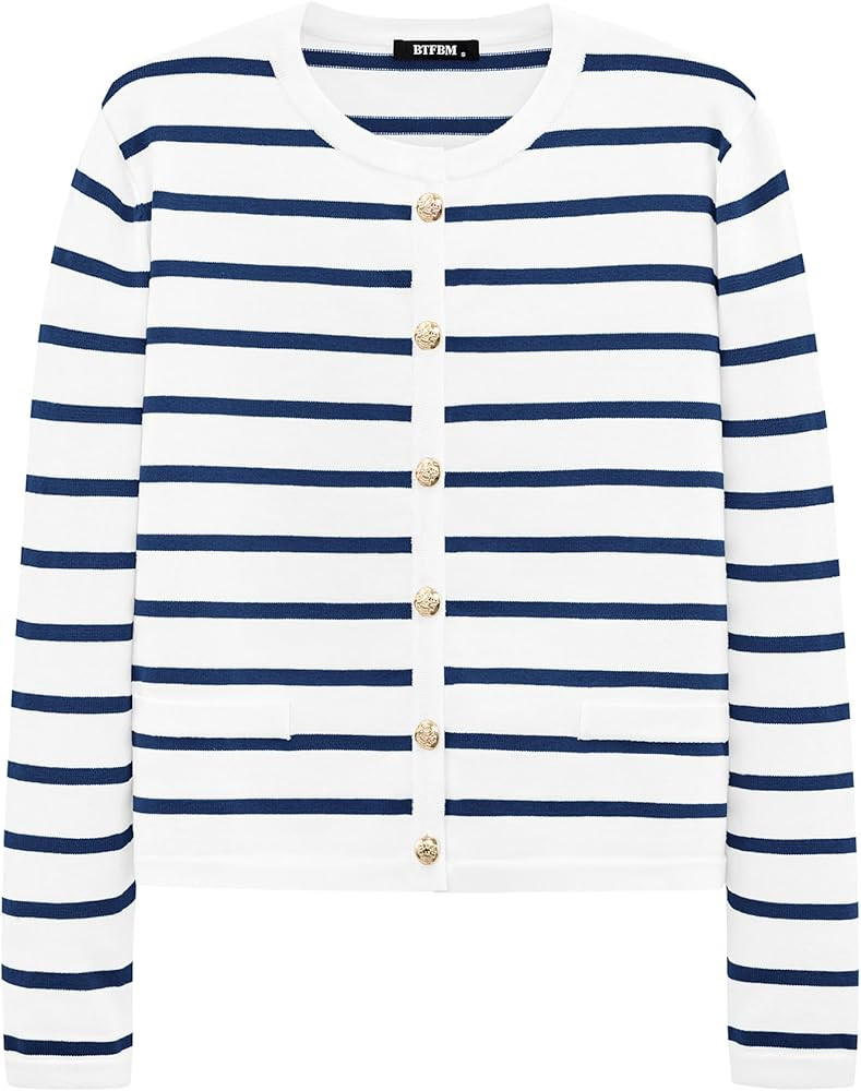BTFBM Women's Cardigans Sweater 2024 Fall Striped Long Sleeve Button Down Crop Open Front Knit Ou... | Amazon (US)