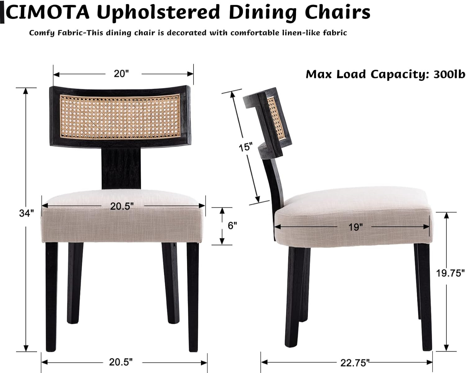 CIMOTA Upholstered Rattan Dining Chairs Set of 2 Mid Century Modern Kitchen & Dining Room Chairs ... | Amazon (US)