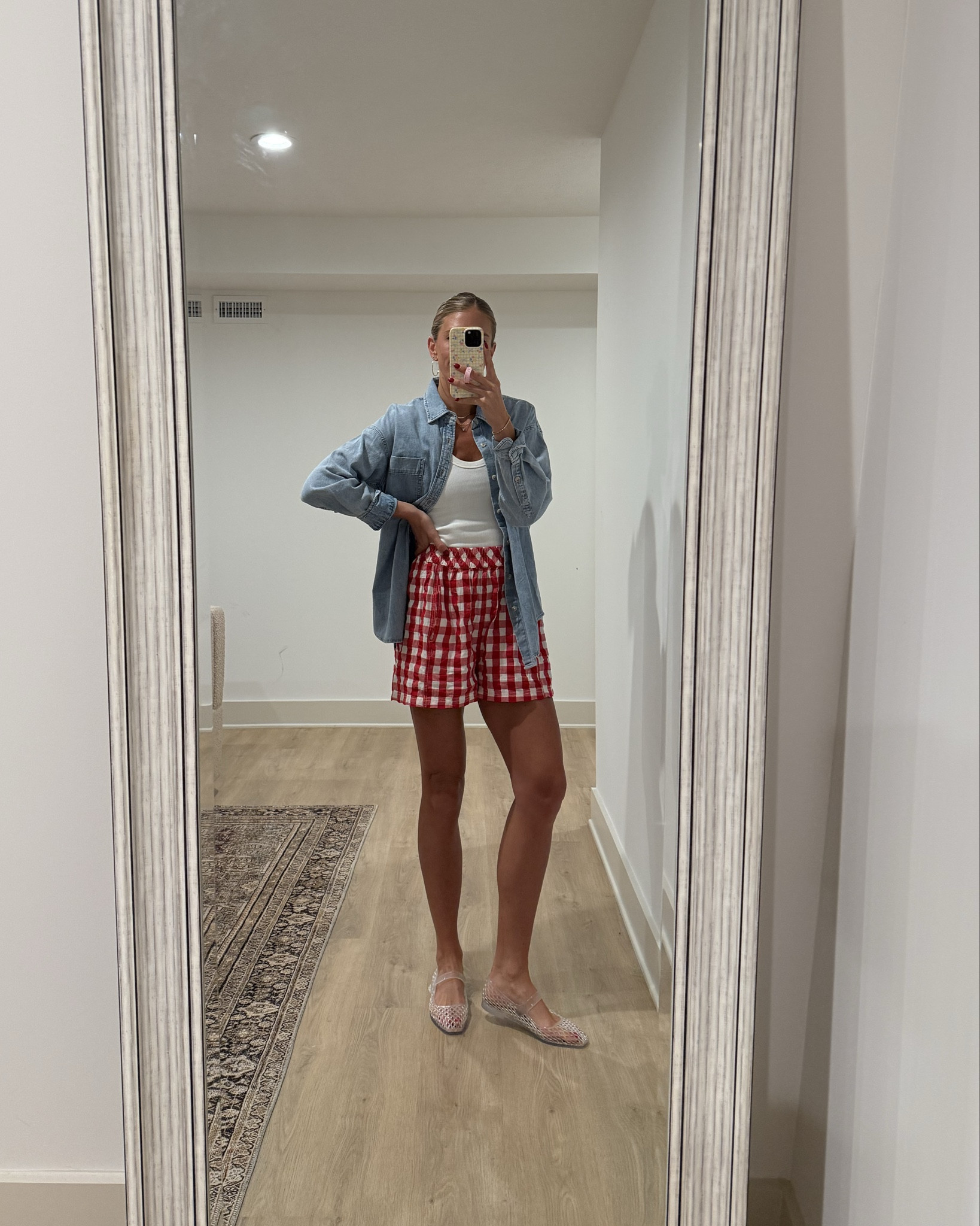 Summer comfy mom outfit. Size medium in denim button up (runs oversized), small in seersucker red gingham shorts. 
Linked black version as well
Small in tank
Jelly flats are so comfy! Run tts

My favorite stackable jewelery! 20% off with code ASHLEY20 and lifetime warranty 