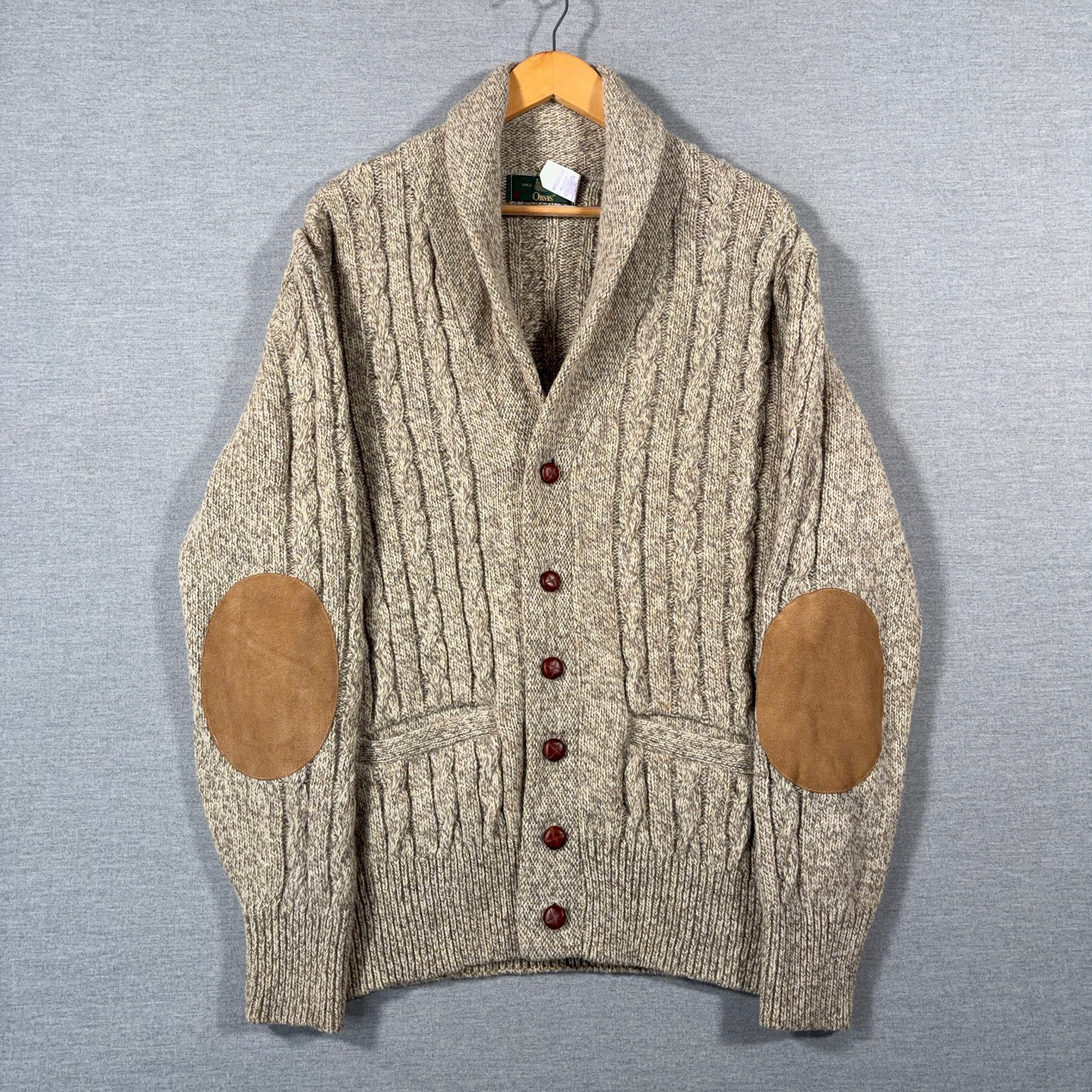 Vintage Orvis Cardigan Sweater Mens Medium Tan Wool Elbow Patch Oarsman USA Made | eBay US