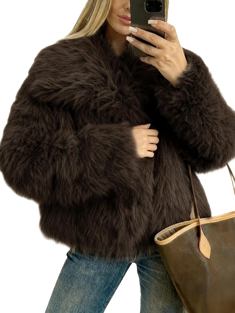 Funlingo Women's Faux Fur Coat Winter Long Sleeve Lapel Cropped Jacket Warm Shaggy Overcoat | Amazon (US)