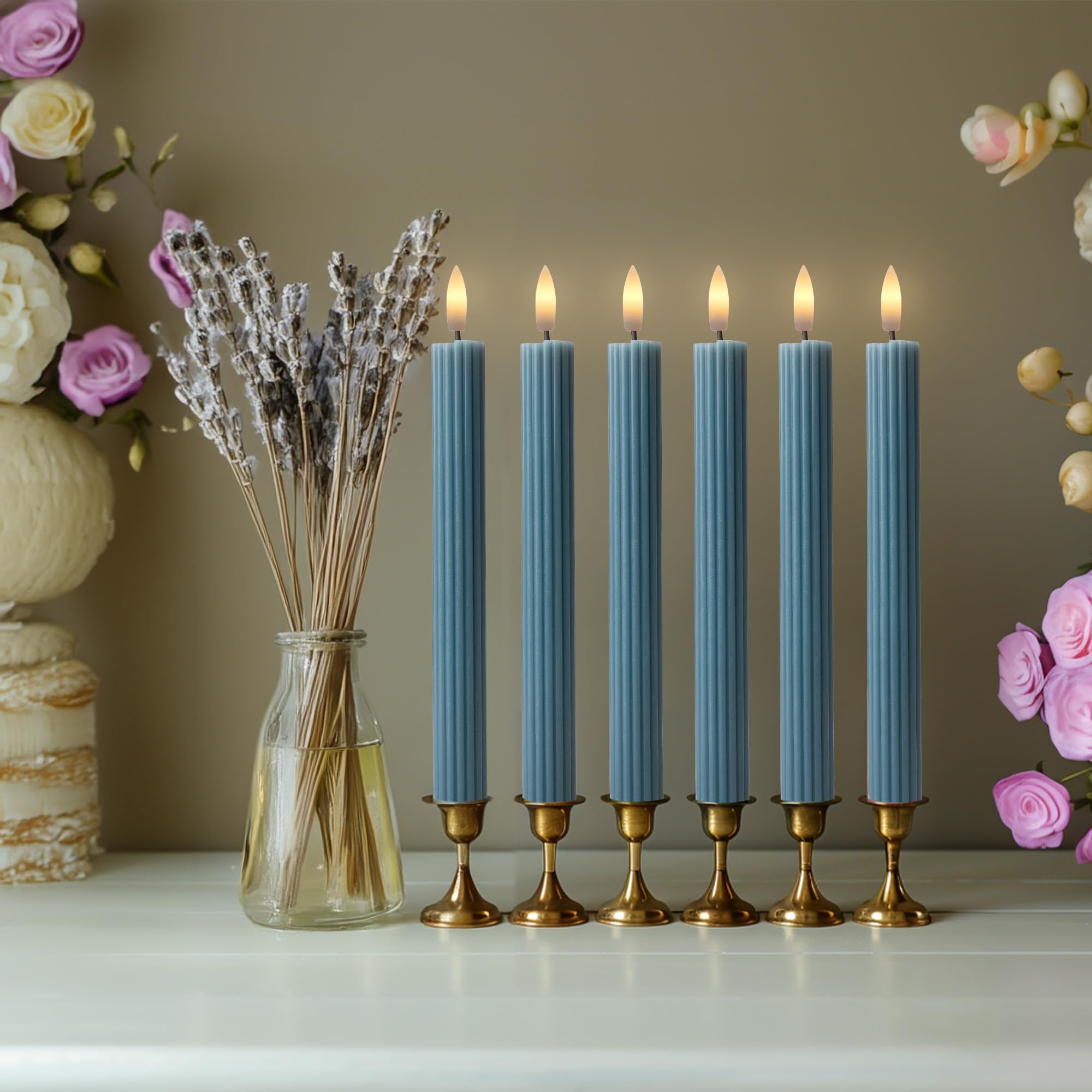 6 Pack, 10" LED Flameless Blue Fluted Ribbed Grooved Taper Candles, Remote & 24h Timer Memory, On... | Amazon (US)