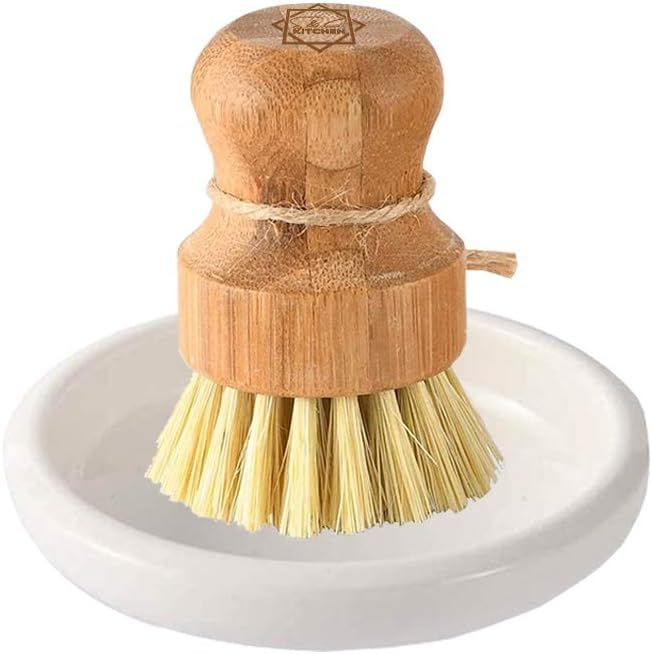 S & C Kitchen - Bamboo Scrub Brush with a Ceramic Holder - Cleaning Dishes, Pots, Sinks - Natural... | Amazon (US)