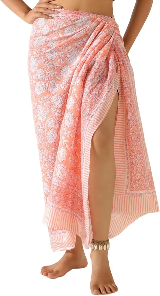100% Cotton Sarong Coverup for Women Indian Hand Block Print Swimsuit Pareo Wrap Skirt Beach Biki... | Amazon (US)