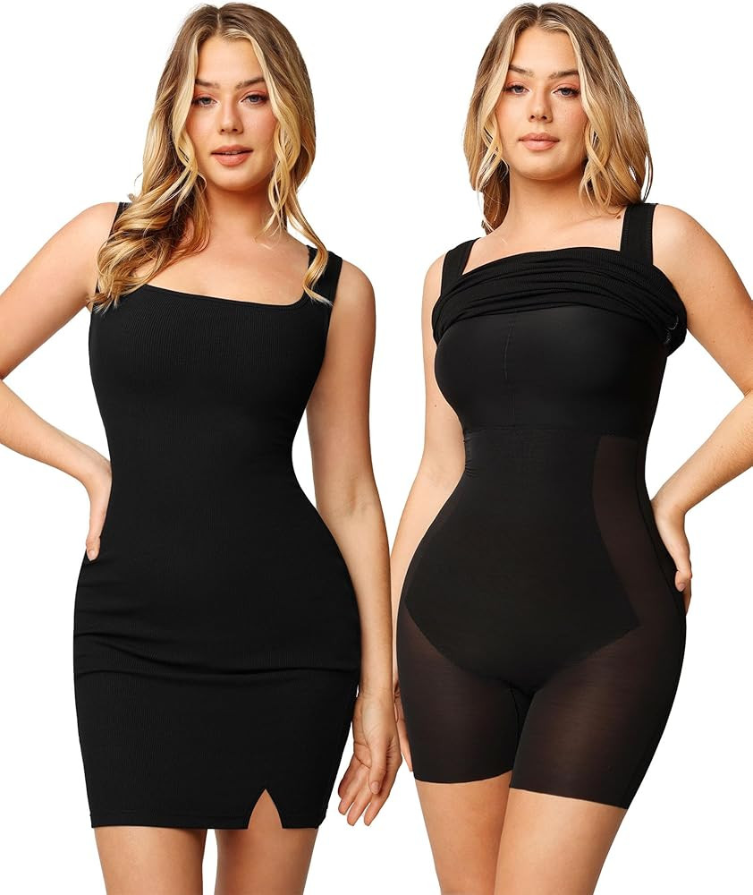 Popilush Shapewear Dress Mini Slit Built in Shapewear Bra 8 in 1 Square Neck Bodycon Summer Dress... | Amazon (US)