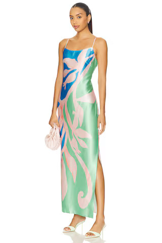 MILLY Lily Floral Vine Satin Dress in Blue & Green from Revolve.com | Revolve Clothing (Global)