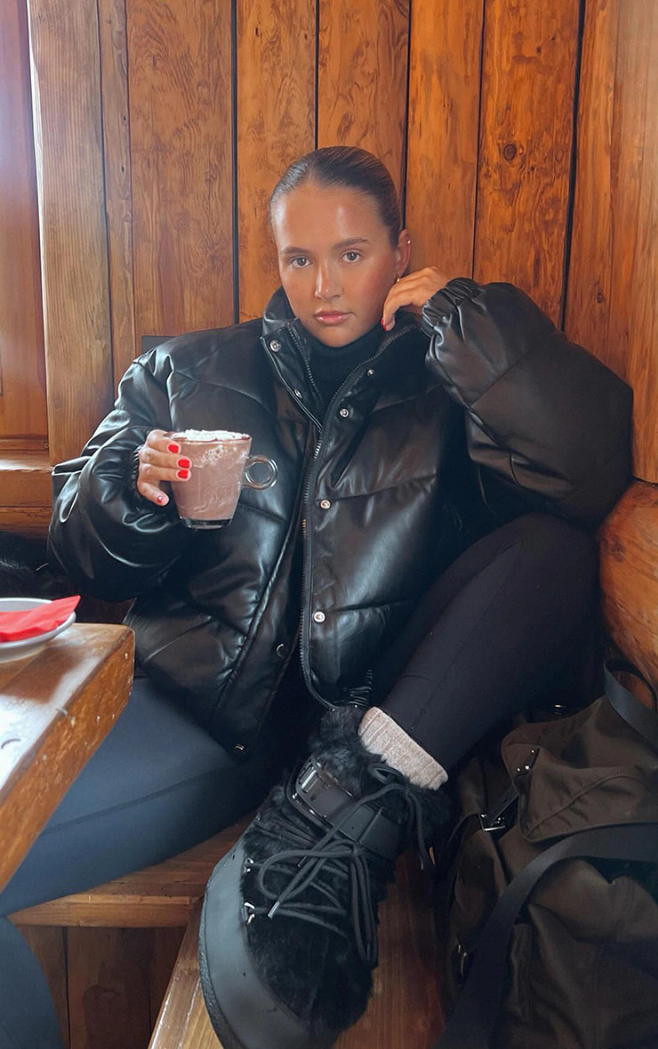 Black Faux Leather Elastic Hem Bubble Puffer | PrettyLittleThing US