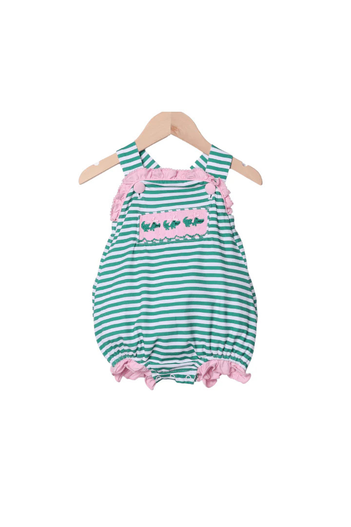 Smocked Crocodile Green Strip Pink Ruffle Bubble | The Smocked Flamingo
