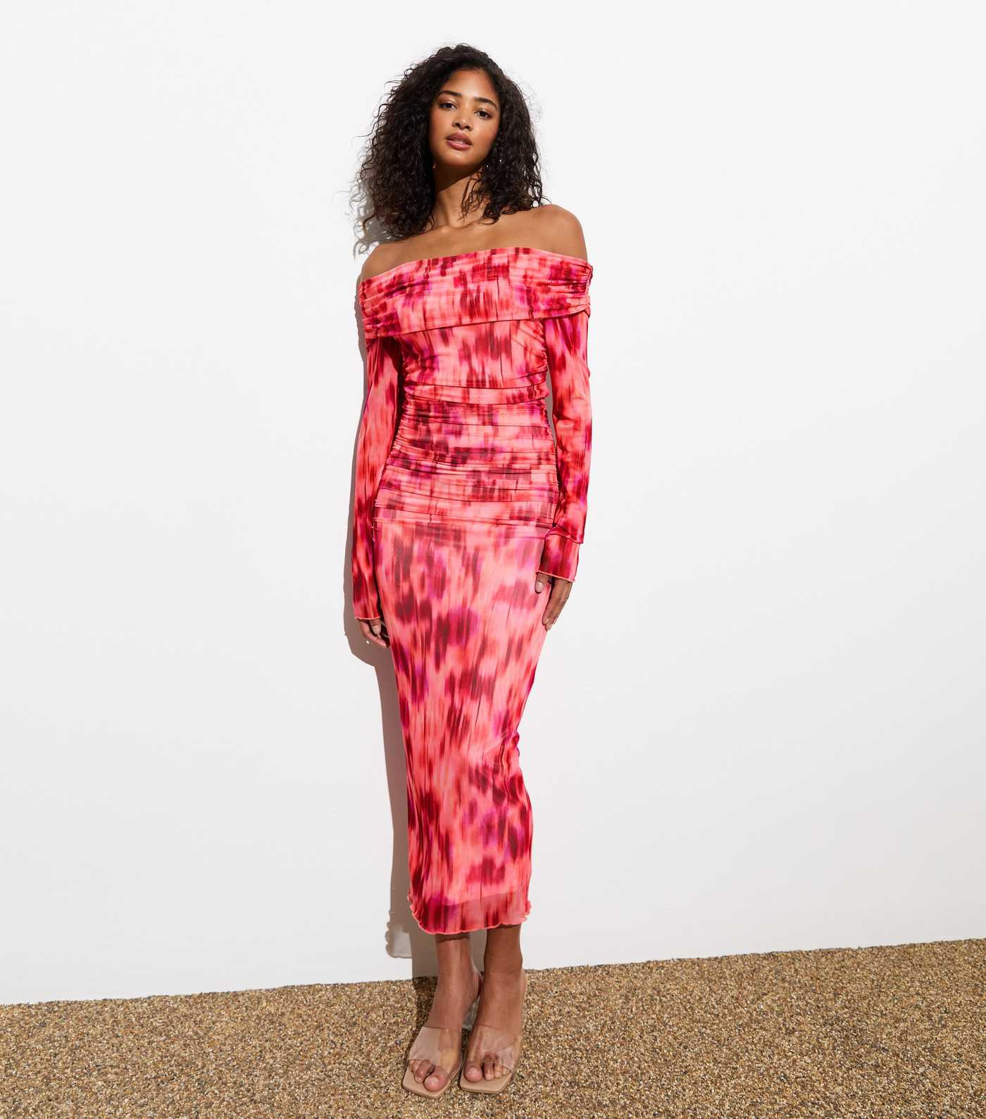Pink Abstract Print Bardot Neck Mesh Midi Dress | New Look | New Look (UK)