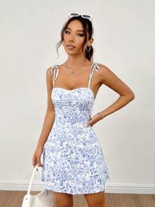 SHEIN PETITE Ditsy Floral Ruched Tie Split Hem Cami Short Summer Dress | SHEIN