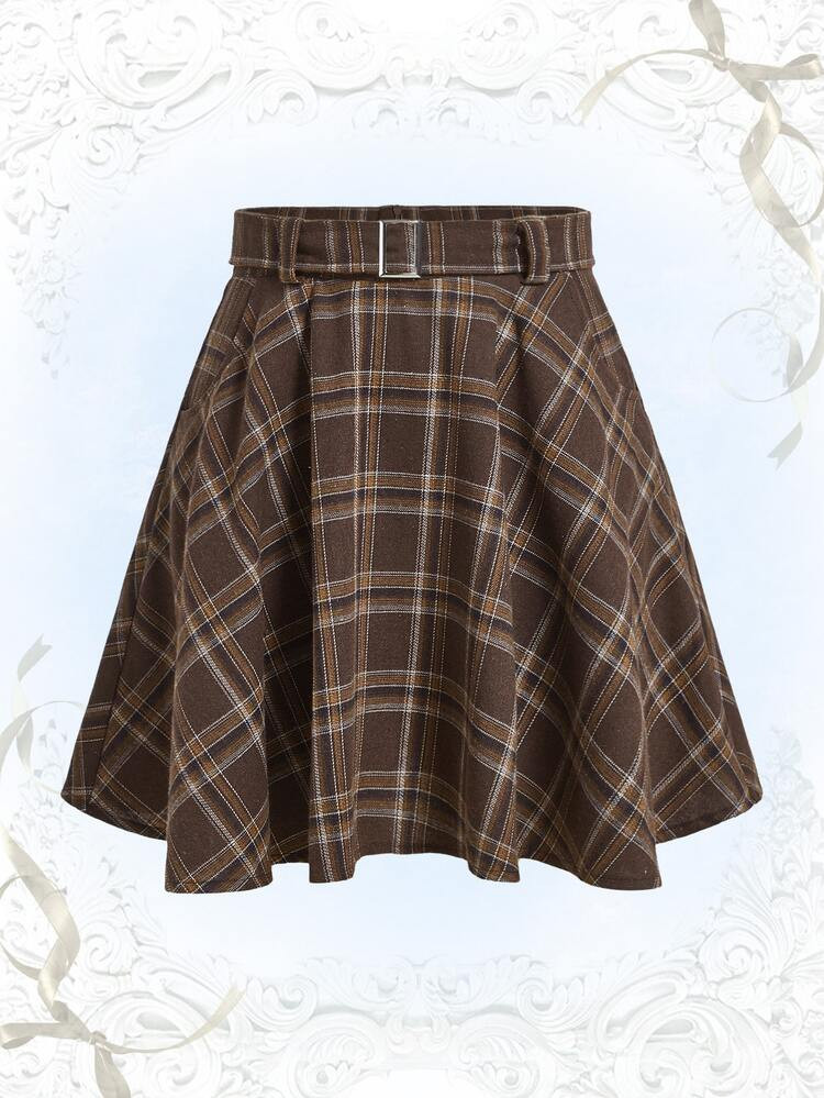 New
     
      ROMWE Sweetness Plaid Print Belted Flare Skirt | SHEIN