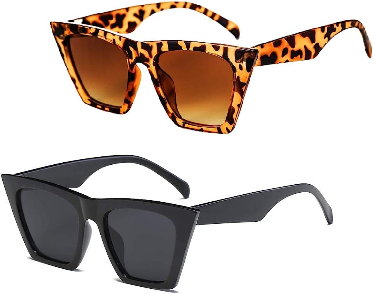 2 Pack Cat Eye Vintage Square Sunglasses Women Fashion Small Cateye Sunglasses Light Block Anti G... | Amazon (US)