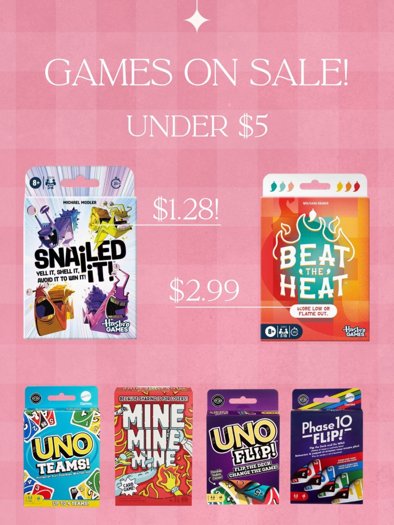 Target has a Spend $50 save $10 deal happening with lots of games on sale! 
Snailed it: just $1.28! I stocked up to have on hand for birthday gifts
Beat the Heat: a new commercial take on 6nimmt, great card game for $2.99
Lots of classic card games like Uno, phase ten, and others on sale! Perfect to add to Easter baskets

#LTKSaleAlert #LTKKids #LTKSeasonal