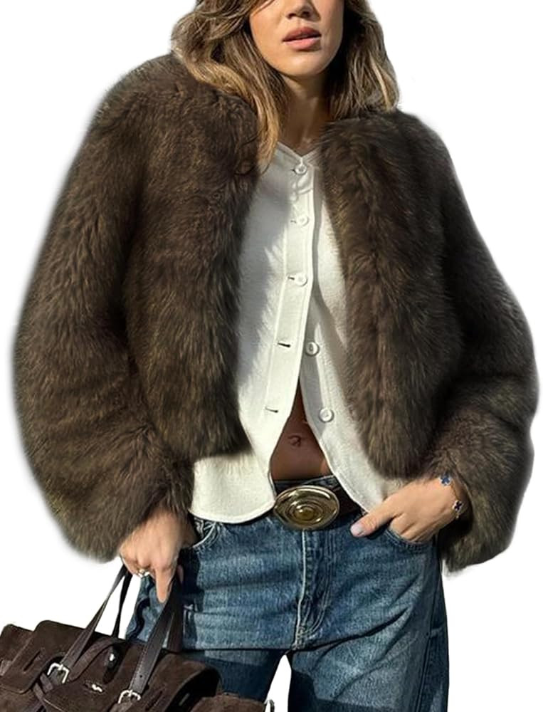 Wyeysyt Womens Faux Fur Cropped Coat Fluffy Faux Fur Jacket Long Sleeve Open Front Winter Warm Ja... | Amazon (US)