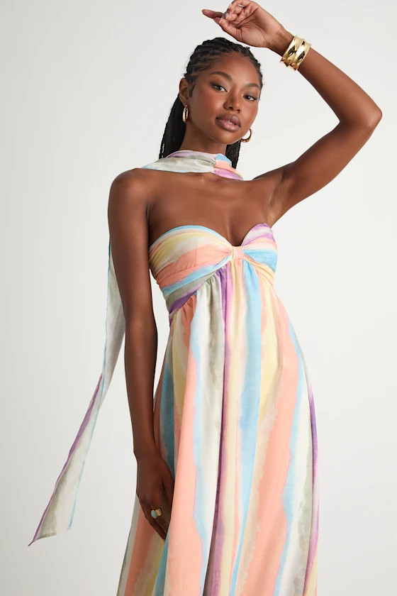 Kelia Peach Multi Striped Midi Dress and Scarf Set | Lulus