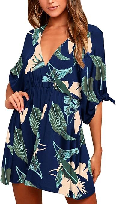 Meenew Women's Short Beach Dress Deep V Neck Loose Casual Summer Skater Dress | Amazon (US)