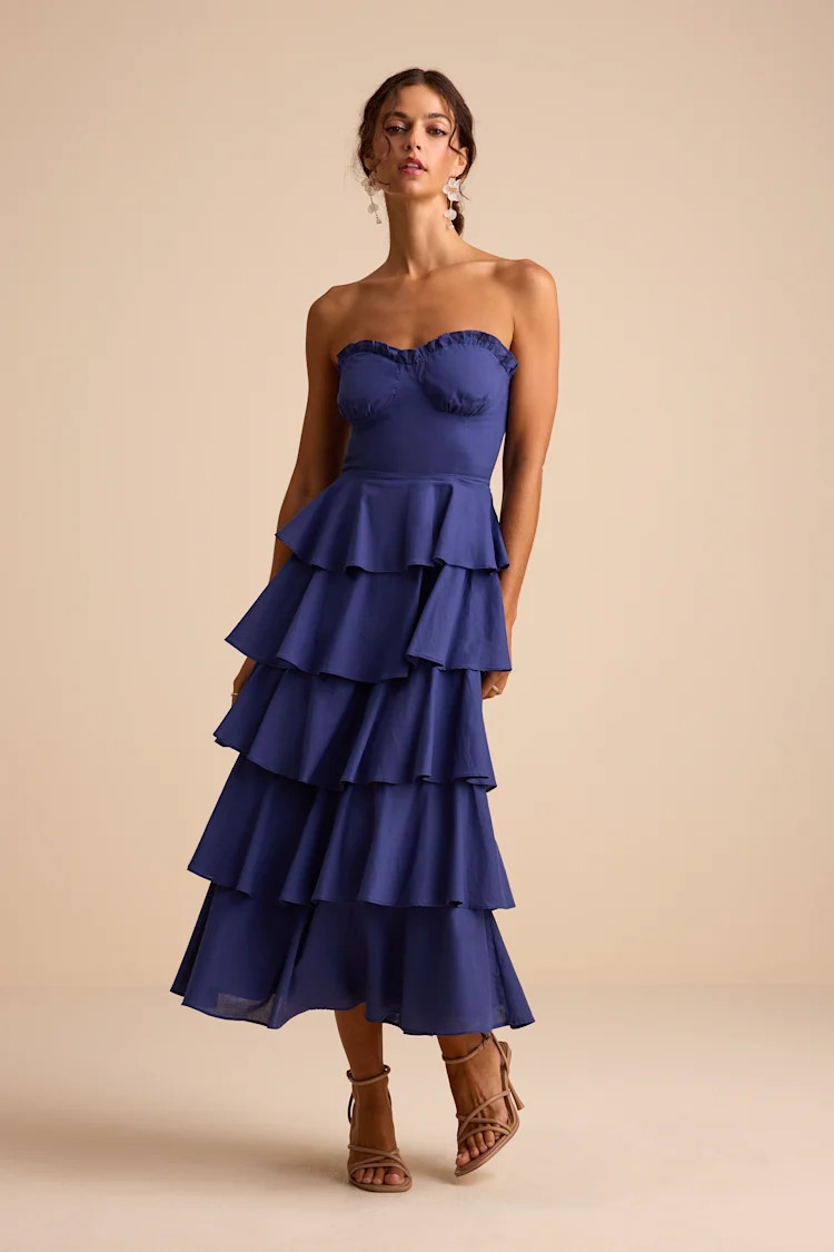 Nayha Blue Strapless Tiered Midi Dress | Lulus