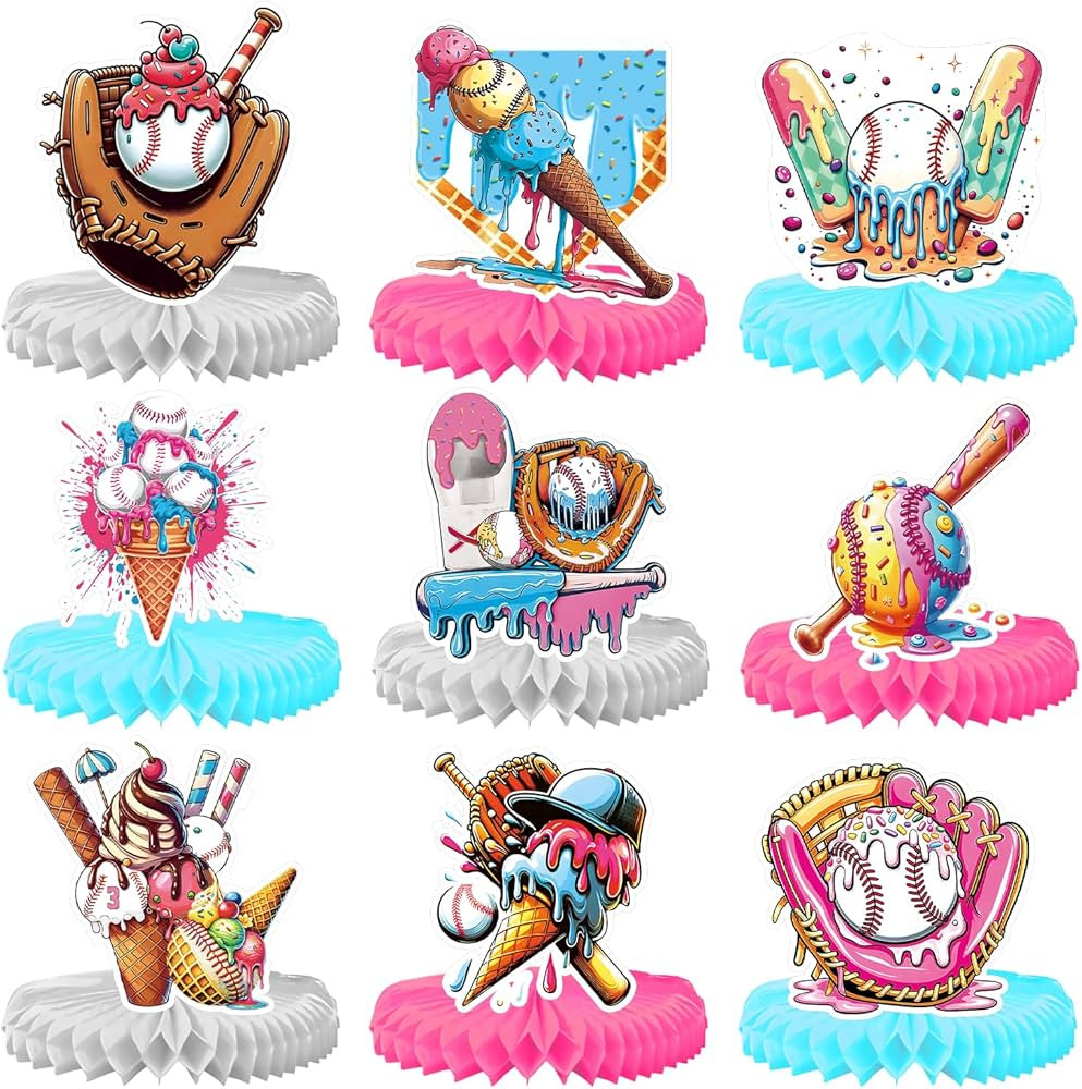 9 Pcs Ice Cream Drip Baseball Party Decorations Baseball Ice Cream Theme Honeycomb Table Centerpi... | Amazon (US)