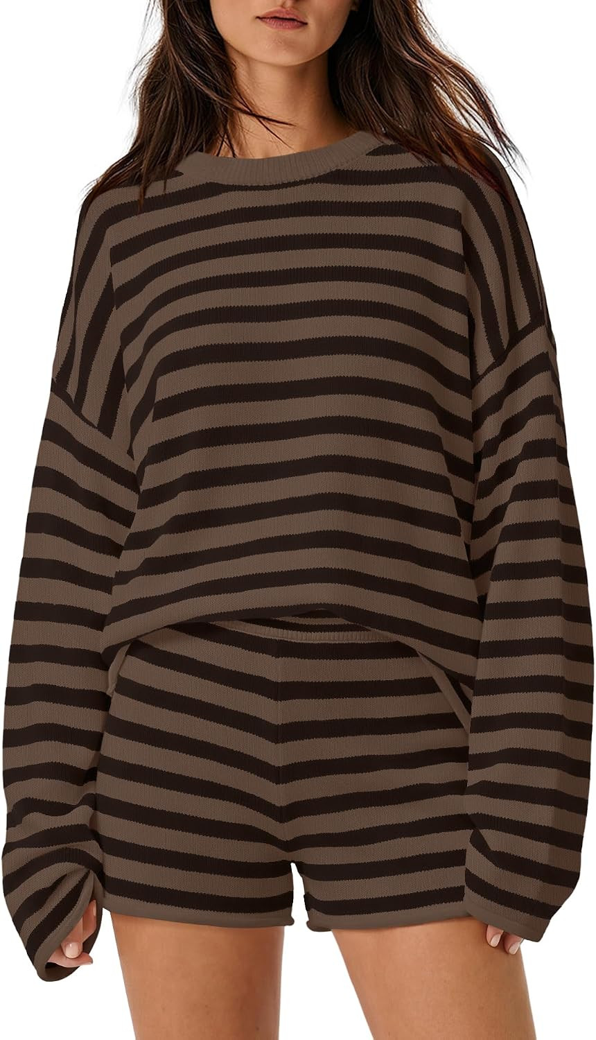 LAMISSCHE Womens 2 Piece Striped Set Fall Outfits Sweater And Shorts Sets | Amazon (US)