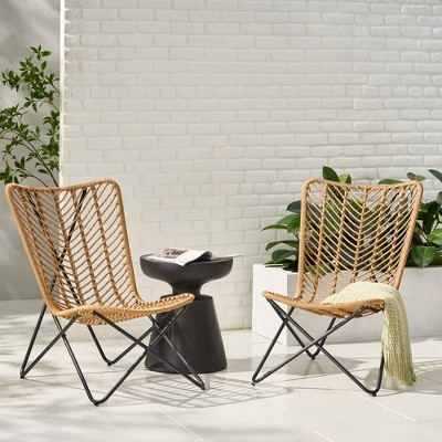 SKRAN Set of 2  Outdoor Lounge Chairs, Boho Style Seating with Wicker and Iron Frame, Patio Garden Accent Chairs Set with Curved Back, Light Brown | Target