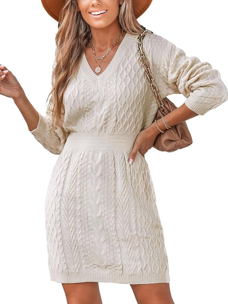CUPSHE Women Sweater Dress Dresses Long Sleeve V Neck Dress Cable Knit Chunky Pullover Short Swea... | Amazon (US)